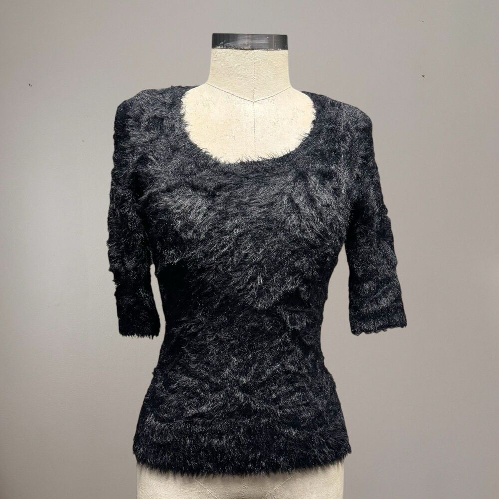 Anthropologie Knitted & Knotted Sweater Womens Black S Y2K Faux Fur Plush
